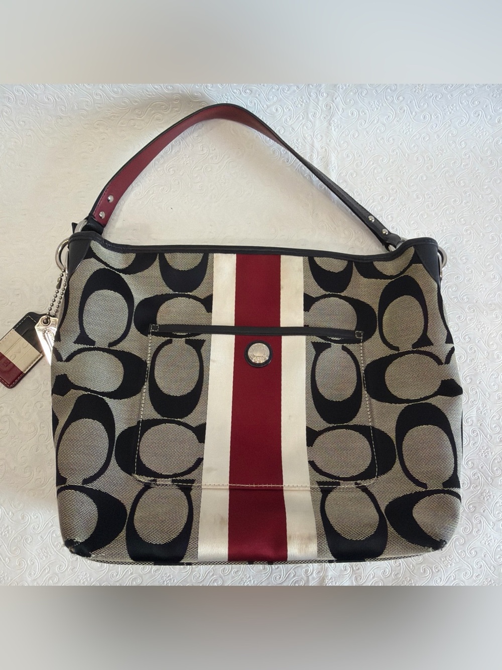 Coach Hamptons Weekend Signature Stripe Shoulder Tote Bag Red Black Classic Cute